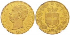 Italy - Savoy
Umberto I 1878-1900
100 lire, Roma, 1888 R, AU 32.25 g.
Ref : MIR 1096d (R2), Pag. 570, Fr. 18 Conservation : NGC MS61 Quantité: 1.16...