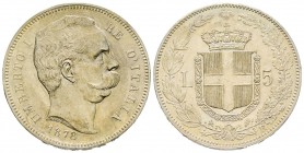Italy - Savoy
Umberto I 1878-1900
5 Lire, Roma, 1878, AG 24.96 g.
Ref : MIR 1099a(R2), Pag. 589 Conservation : anciennes traces de nettoyage, presq...