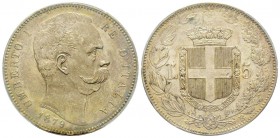 Italy - Savoy
Umberto I 1878-1900
5 Lire, Roma, 1879, AG 25 g.
Ref : MIR 1100a, Pag. 590 Conservation : PCGS MS61