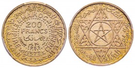 Morocco
Muhammad V, Protectorat Français 1927-1955 
Essai de 200 francs, AH 1372 (1953), Paris, AG 8 g.
Ref : Lec. 290 Conservation : PCGS SP67 Qua...