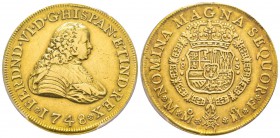 Morocco
Ferdinand VI 1746-1759 8 Escudos, Mexico City, 1748 Mo MF, AU 26.96 g.
Ref : Fr. 17, KM#150 Conservation : PCGS XF45