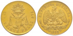Mexico
République,
20 Pesos, 1883/2 Go B, AU 33.84 g. 875‰
Ref : Fr. 124, KM#414.4 Conservation : PCGS MS62