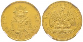 Mexico
République,
20 Pesos, Mexico City, 1900 Mo M, AU 33.84 g.
Ref : Fr. 119, KM#414.6 Conservation : NGC MS62