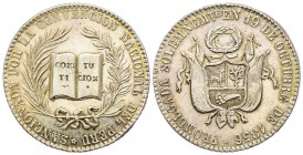 Peru, République 1824 -
Proclamation 2 Reales, 1856, AG 12.81 g.
Ref : Fonrobert 9111 Conservation : Superbe