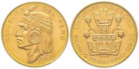 Peru
50 Soles Inca, 1968, AU 33.44 g. 900‰
Ref : Fr. 77, KM#219 Conservation : PCGS MS66 Quantité : 300 exemplaires. Très Rare
