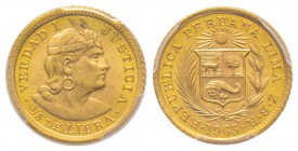 Peru
1/5 Libra, 1963, AU 1.59 g. 917‰
Ref : Fr. 75, KM#210 Conservation : PCGS MS66