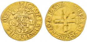 Portugal
Joao III 1521-1557
1 Cruzado, Lisbone, AU 3.39 g. 23mm
Avers : JOANES . III . R . POES
Revers : IN HOC SIGNO VINES . RFC .
Ref : Gomes t...