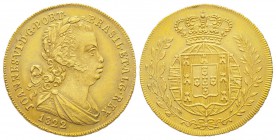 Portugal
Joao VI 1816-1826
2 Escudos (1/2 Peca), 1822 Lisbone, AU 7.13 g.
Ref : Gomes 17.05, Fr. 129, KM#363 Conservation : Superbe. Rare