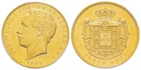 Portugal
Louis I 1861-1889
10.000 Reis, 1888, AU 17.73 g.
Ref : Gomes 17.10, Fr. 152, KM#520 Conservation : PCGS MS62