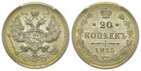 Russia
Nicolas II 1894-1917
20 Kopeks, St. Petersburg, 1915 BC, AG 3.6 g. Ref : Y#22a.2, Bit. 117 Conservation : PCGS MS66