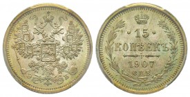 Russia
Nicolas II 1894-1917
15 Kopeks, St. Petersburg, 1907 СПБ эБ, AG 2.7 g. Ref : Y#21a.2, Bit. 133 Conservation : PCGS MS66