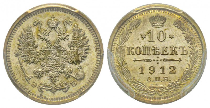 Russia
Nicolas II 1894-1917
10 Kopeks, St. Petersburg, 1912 СПБ эБ, AG 1.8 g. ...