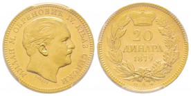 Serbia
20 Dinars, 1879 A, AU 6.45 g. 900‰
Ref : Fr. 3, KM#14 Conservation : PCGS MS61