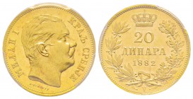 Serbia
20 Dinara, 1882 V, AU 6.45 g. 900‰
Ref : Fr. 4, KM#17 Conservation : PCGS MS63