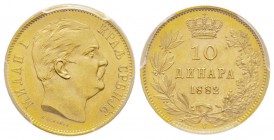 Serbia
10 Dinara, 1882 V, AU 3.22 g.
Ref : Fr. 5, KM#16 Conservation : PCGS MS64. FDC