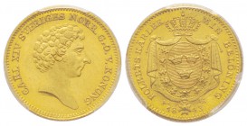 Sweden
Carl XIV Johan 1818-1844 (général Jean-Baptiste Bernadotte)
Ducat, 1843 AG, AU 3.49 g.
Ref : Fr. 87, KM#628a Conservation : PCGS MS64