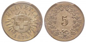 Switzerland
5 Rappen, 1876 B, Berne, AG 1.69 g. Ref : KM#5 Conservation : PCGS MS65