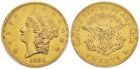 USA, 20 Dollars, Philadelphie, 1850, AU 33.43 g.
Ref : Fr.169, KM#74.1 Conservation : PCGS XF45