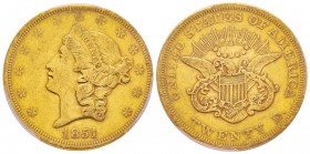 USA, 20 Dollars, Philadelphie, 1851, AU 33.43 g.
Ref : Fr. 169, KM#74.1 Conservation : PCGS XF40