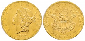 USA, 20 Dollars, Philadelphie, 1852, AU 33.43 g.
Ref : Fr. 169, KM#74.1 Conservation : PCGS AU55