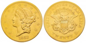 USA, 20 Dollars, Philadelphie, 1853, AU 33.43 g.
Ref : Fr.169, KM#74.1 Conservation : traces de nettoyage sinon Superbe