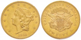 USA, 20 Dollars, Philadelphie, 1861, AU 33.43 g.
Ref : Fr. 169, KM#74.1 Conservation : PCGS AU53