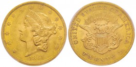 USA, 20 Dollars, Philadelphie, 1861, AU 33.43 g.
Ref : Fr. 169, KM#74.1 Conservation : PCGS AU58
