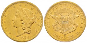 USA, 20 Dollars, San Francisco, 1863 S, AU 33.43 g.
Ref : Fr. 172, KM#A74.1 Conservation : PCGS AU53