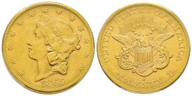 USA, 20 Dollars, San Francisco, 1865 S, AU 33.43 g.
Ref : Fr. 172, KM#A74.1 Conservation : PCGS MS61