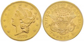 USA, 20 Dollars, Philadelphie, 1870, AU 33.43 g.
Ref : Fr. 174, KM#74.2 Conservation : PCGS AU58