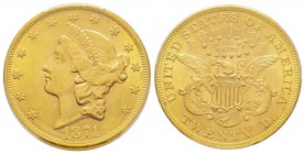 USA, 20 Dollars, Philadelphie, 1874, AU 33.43 g.
Ref : Fr. 174, KM#74.2 Conservation : PCGS MS62
