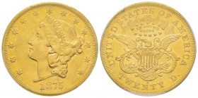 USA, 20 Dollars, San Francisco, 1875 S, AU 33.43 g.
Ref : Fr. 175, KM#74.2 Conservation : PCGS AU53