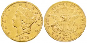 USA, 20 Dollars, Carson City, 1876 CC, AU 33.43 g.
Ref : Fr. 176, KM#74.2 Conservation : PCGS XF40