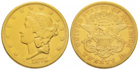 USA, 20 Dollars, Carson City, 1876 CC, AU 33.43 g.
Ref : Fr. 176, KM#74.2 Conservation : traces de nettoyage sinon TTB