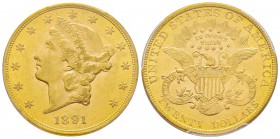 USA, 20 Dollars, Philadelphie, 1891, AU 33.43 g.
Ref : Fr. 178, KM#74.3 Conservation : PCGS AU58
Quantité : 1442 exemplaires. Rarissime (about 100 k...