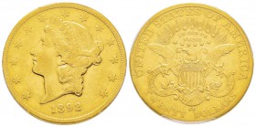 USA, 20 Dollars, Carson City, 1892 CC, AU 33.43 g.
Ref : Fr. 179, KM#74.3 Conservation : PCGS VF30