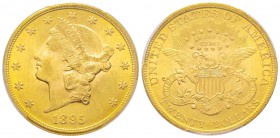 USA, 20 Dollars, Philadelphie, 1895, AU 33.43 g.
Ref : Fr. 177, KM#74.2 Conservation : PCGS MS64