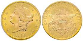 USA, 20 Dollars, San Francisco, 1899 S, AU 33.43 g.
Ref : Fr. 178, KM#74.2 Conservation : PCGS MS63