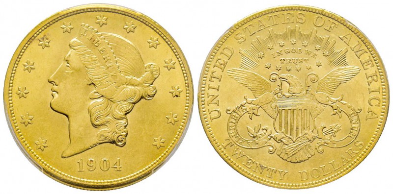 USA, 20 Dollars, Philadelphie, 1904, AU 33.43 g.
Ref : Fr. 177, KM#74.3 Conserv...