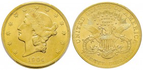 USA, 20 Dollars, Philadelphie, 1904, AU 33.43 g.
Ref : Fr. 177, KM#74.3 Conservation : PCGS MS64