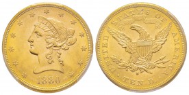 USA, 10 Dollars, San Francisco, 1880 S, AU 16.71 g.
Ref : Fr. 160, KM#102 Conservation : PCGS MS63