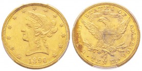 USA, 10 Dollars, Carson City, 1890 CC, AU 16.71 g.
Ref : Fr. 161, KM#102 Conservation : PCGS MS61