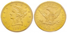 USA, 10 Dollars, Carson City, 1891 CC, AU 16.71 g.
Ref : Fr. 161, KM#102 Conservation : PCGS MS61