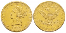 USA, 10 Dollars, New Orleans, 1892 O, AU 16.71 g.
Ref : Fr. 159, KM#102 Conservation : PCGS AU Detail