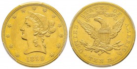 USA, 10 Dollars, New Orleans, 1899 O, AU 16.71 g.
Ref : Fr. 159, KM#102 Conservation : PCGS AU55. Rare