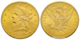 USA, 10 Dollars, San Francisco, 1901 S, AU 16.71 g.
Ref : Fr. 160, KM#102 Conservation : PCGS MS65