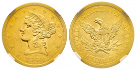 USA, 5 Dollars, Philadephia, 1843, AU 8.35 g.
Ref : Fr. 138, KM#69 Conservation : NGC AU50