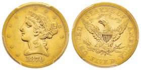 USA, 5 Dollars, Carson City, 1870 CC, AU 8.35 g.
Ref : Fr. 146, KM#101 Conservation : PCGS XF40
Quantité : 7.675 exemplaires. Rarissime (75 to 100 k...
