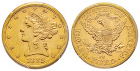 USA, 5 Dollars, Carson City, 1882 CC, AU 8.35 g.
Ref : Fr. 146, KM#101 Conservation : PCGS AU58