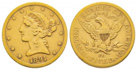 USA, 5 Dollars, Carson City, 1891 CC, AU 8.21 g.
Ref : Fr. 146, KM#101 Conservation : TTB